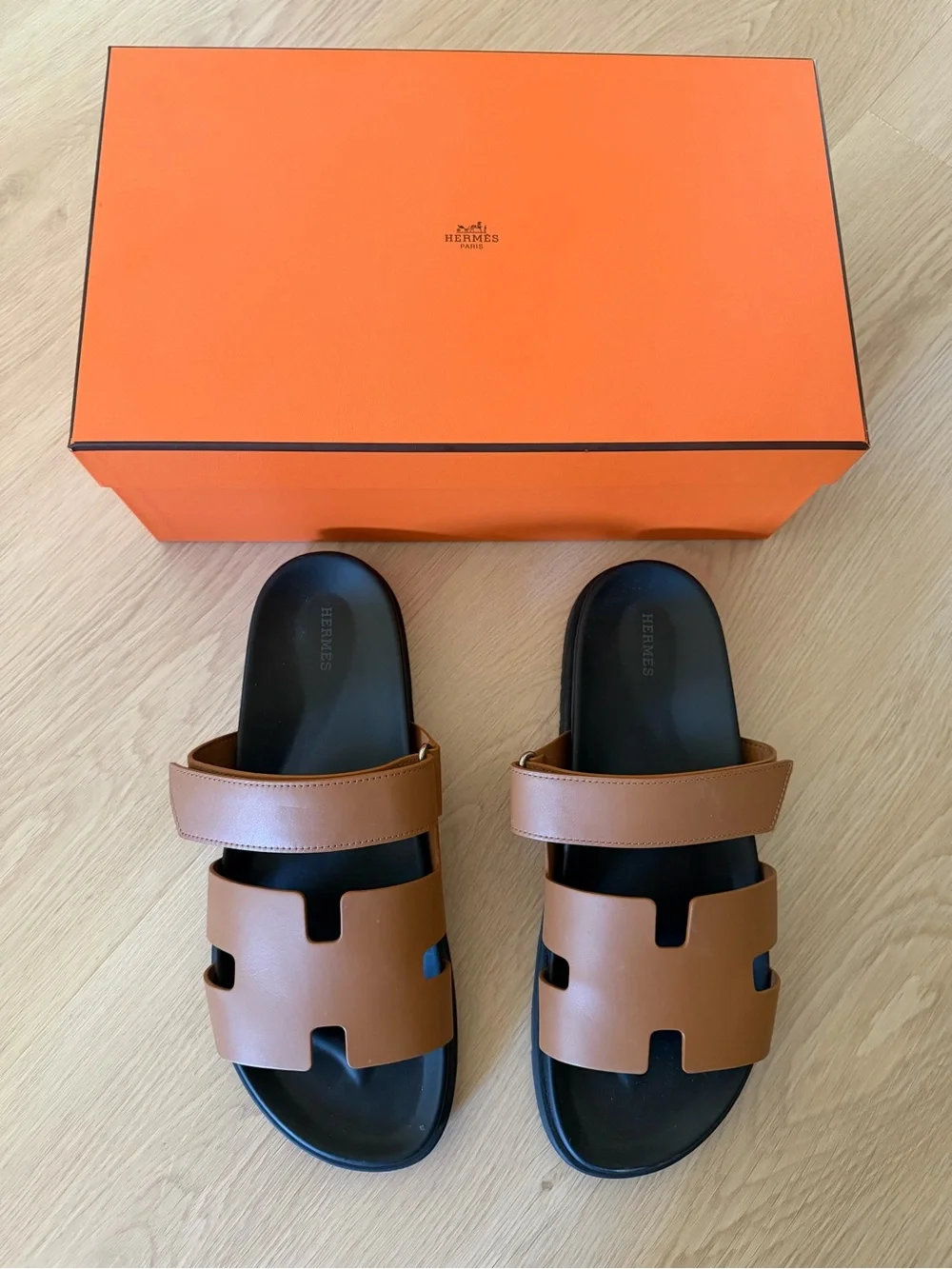 Hermes Tan Leather chypre Men's Slide Sandals size 46 natural
